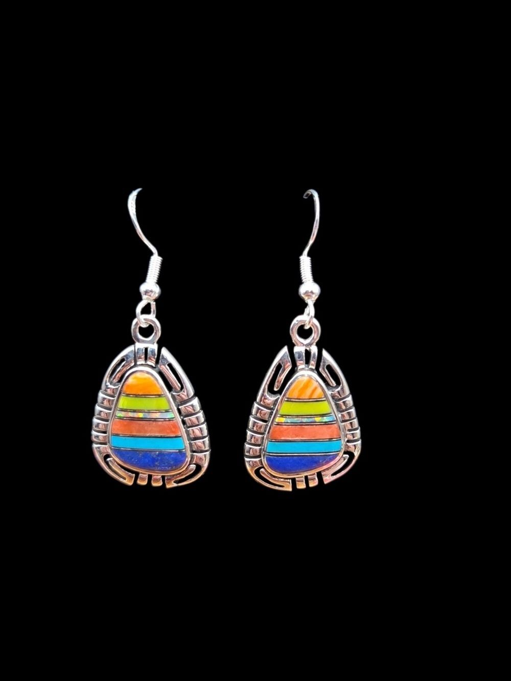 Sterling Silver Multi-Color Inlay Teardrop Earrings Southwestern Dangle